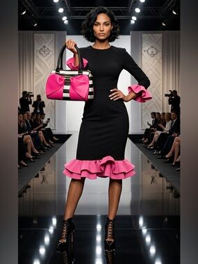 Purse-Betsey Johnson Hot Pink & Black-White Striped Bow Satchel